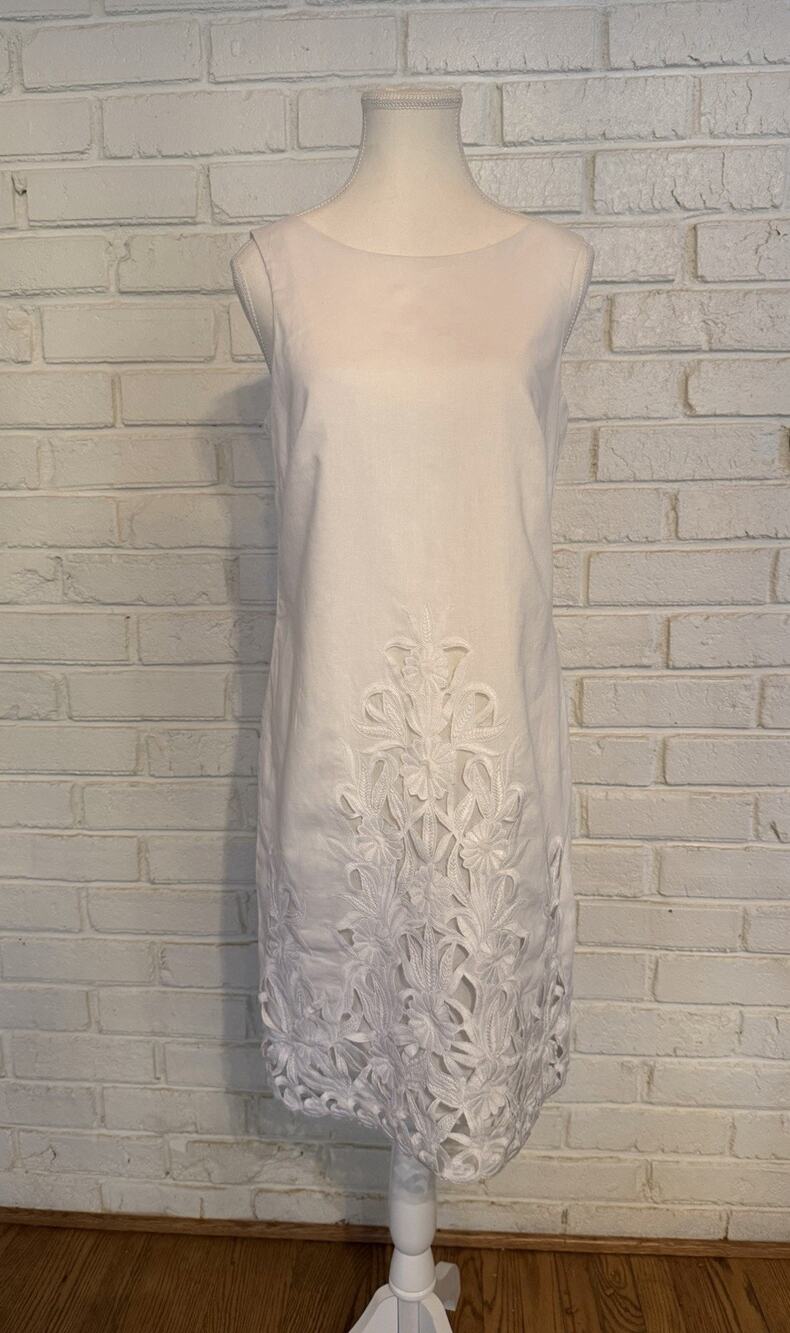 Vintage 90s Y2K White Linen Blend Floral Cutwork Sheath Dress Sleeveless Size 4